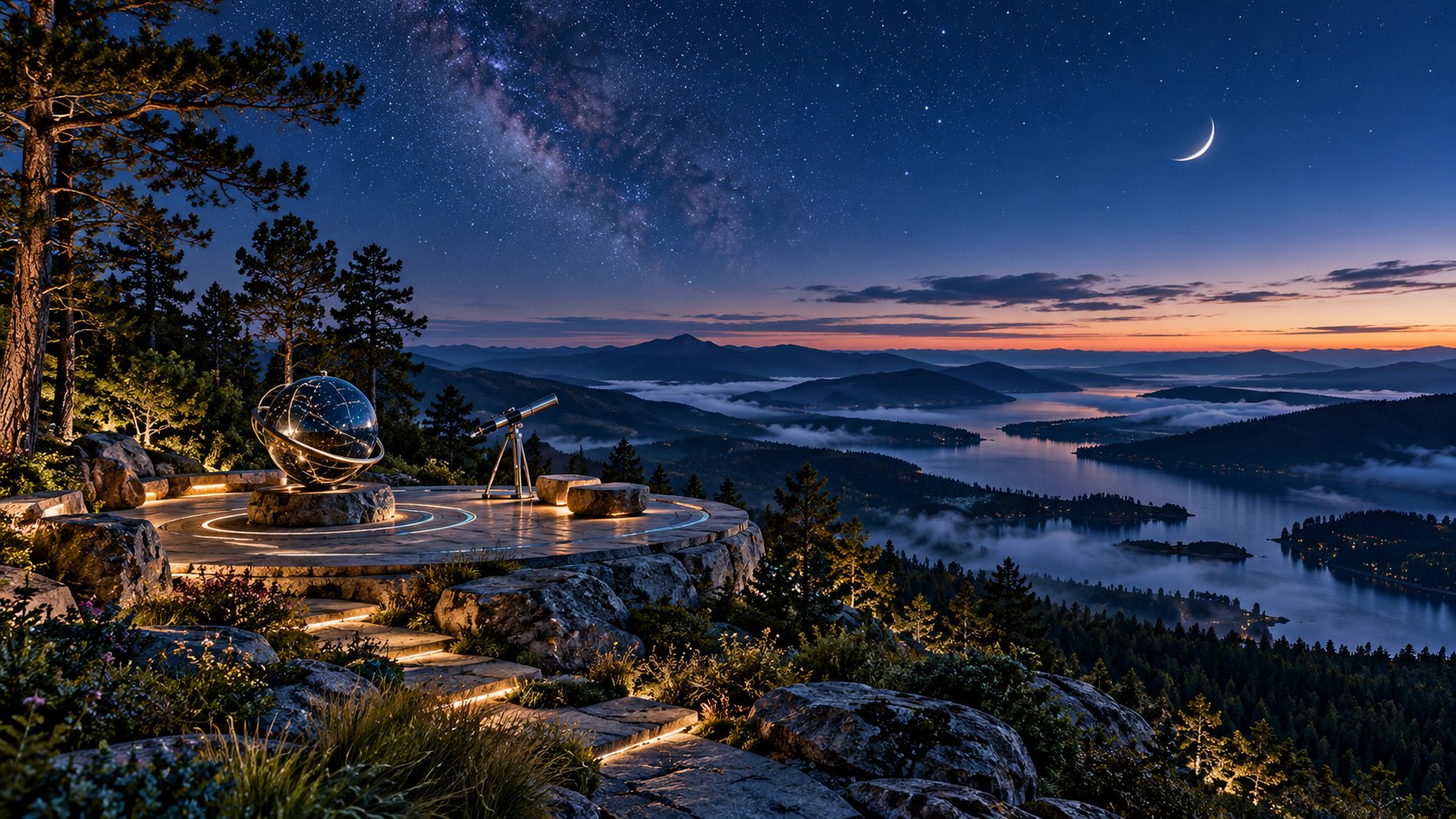 An open-air forest overlook facing mountains and stars