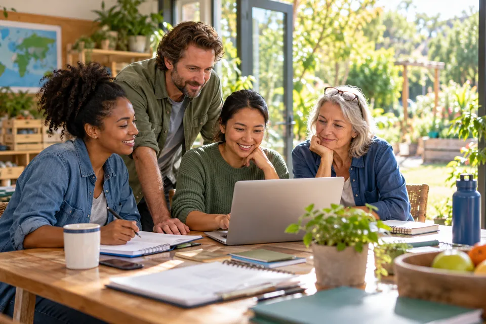 Conceptual image of charity collaborators working together in a garden-facing workspace.