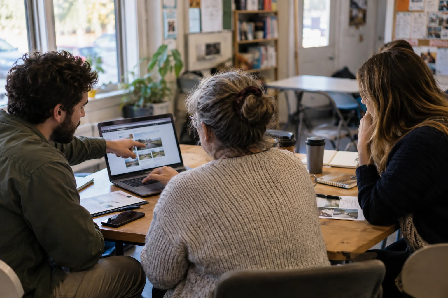A charity team collaborating on a website around a laptop.