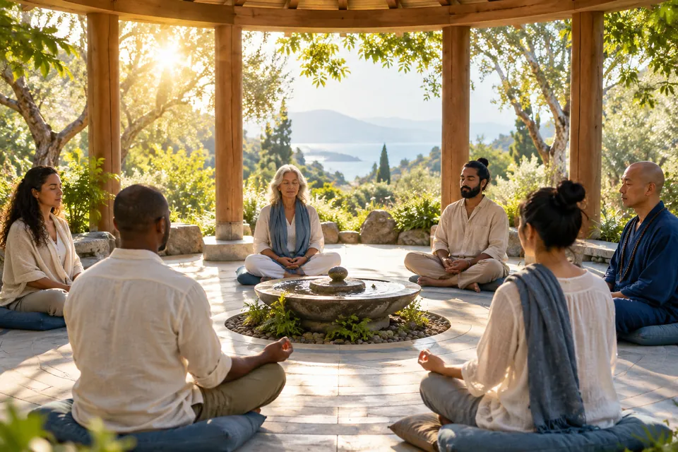 Conceptual image of people reflecting quietly in a garden pavilion.
