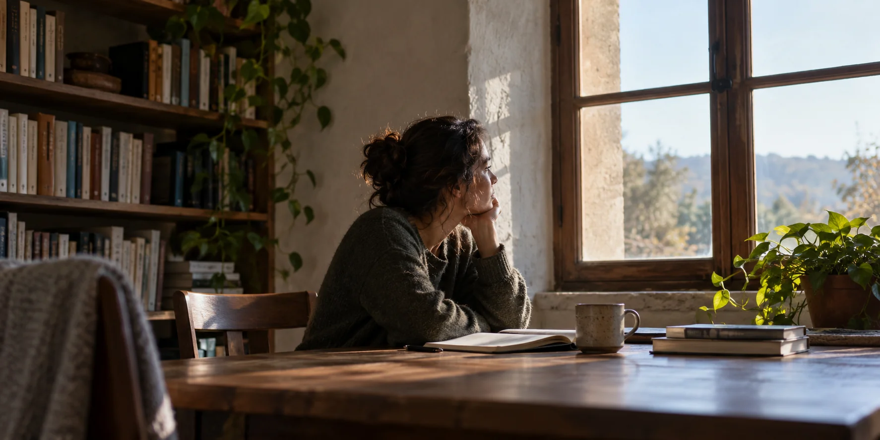 A person reflecting beside an open book at a sunlit window.