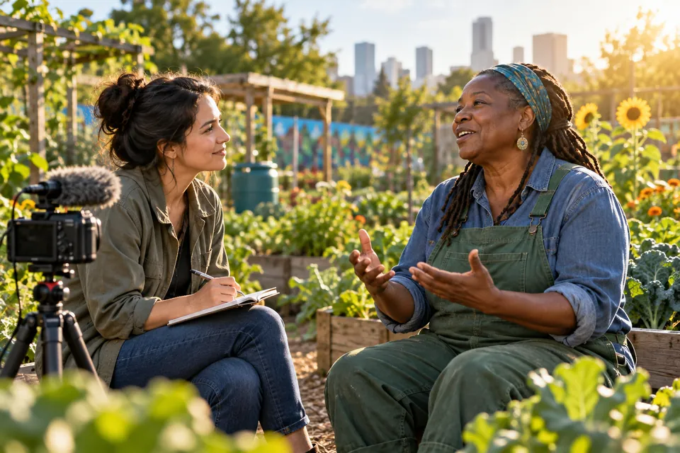 Conceptual image of a storyteller listening to a community organizer.