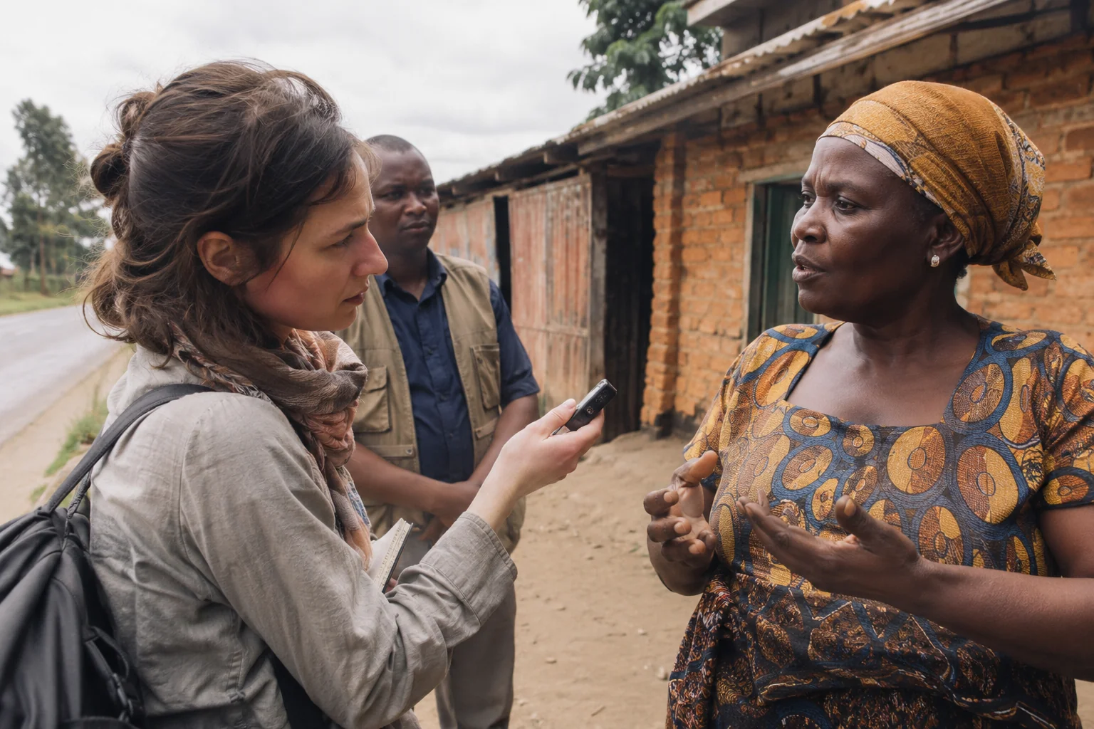 An interviewer listening to a community member beside brick buildings.