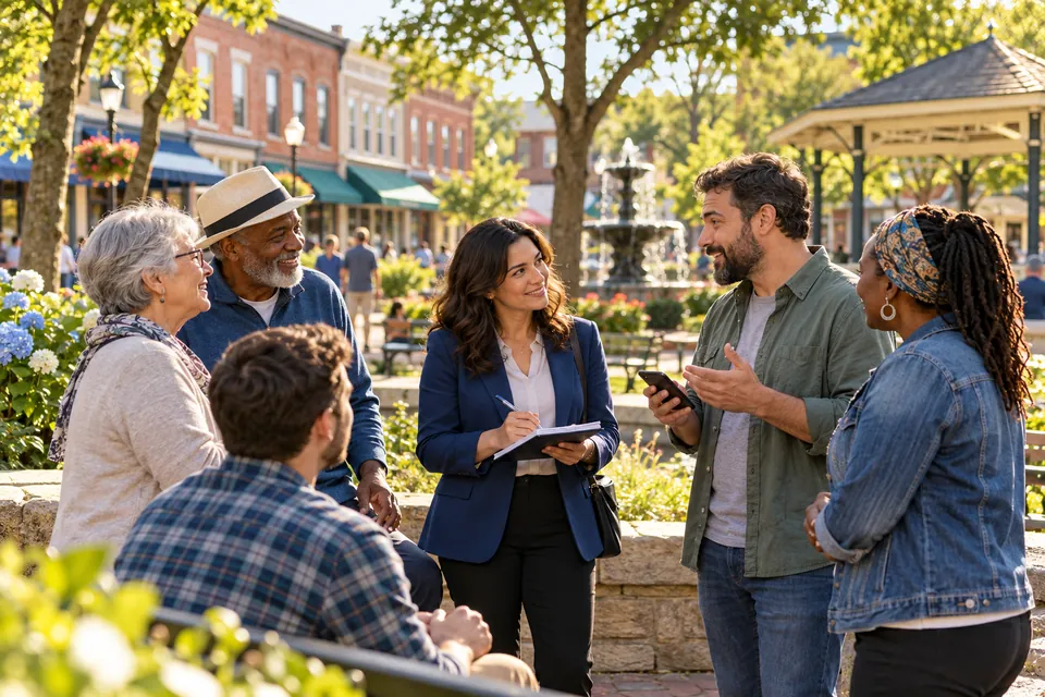 Conceptual image of neighbors sharing local stories in a welcoming town square.