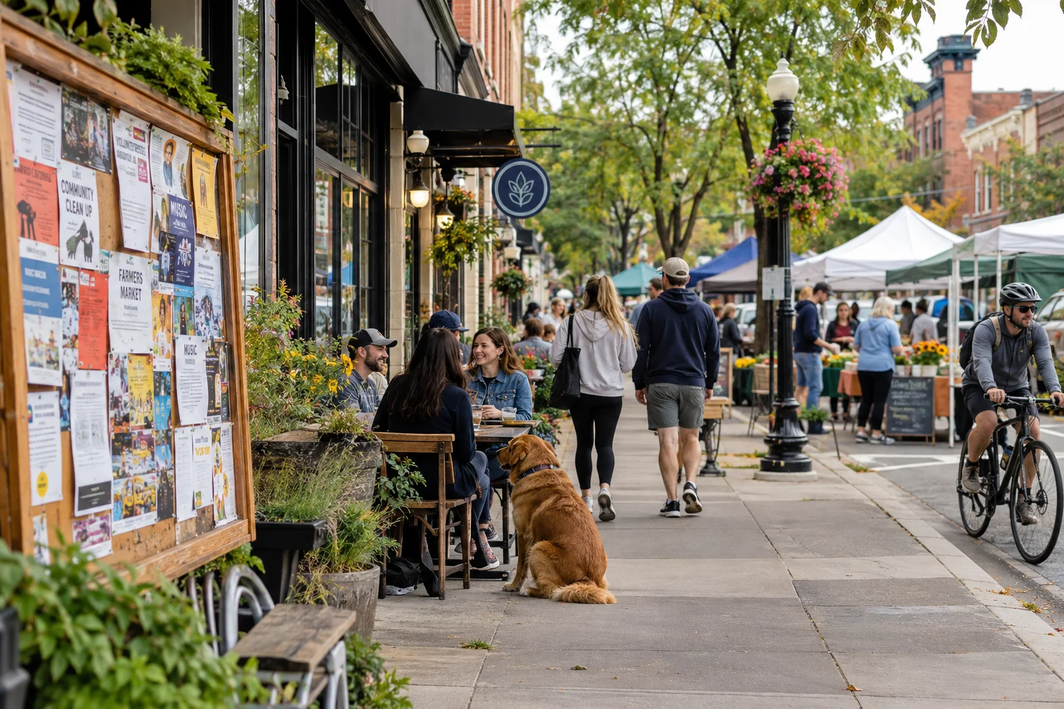 Neighbors gathering along a lively town street with a community noticeboard and market stalls.