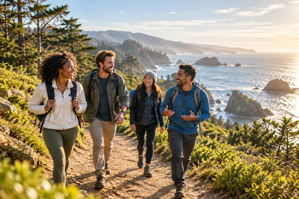 Conceptual image of people walking together on a sunlit coastal trail.