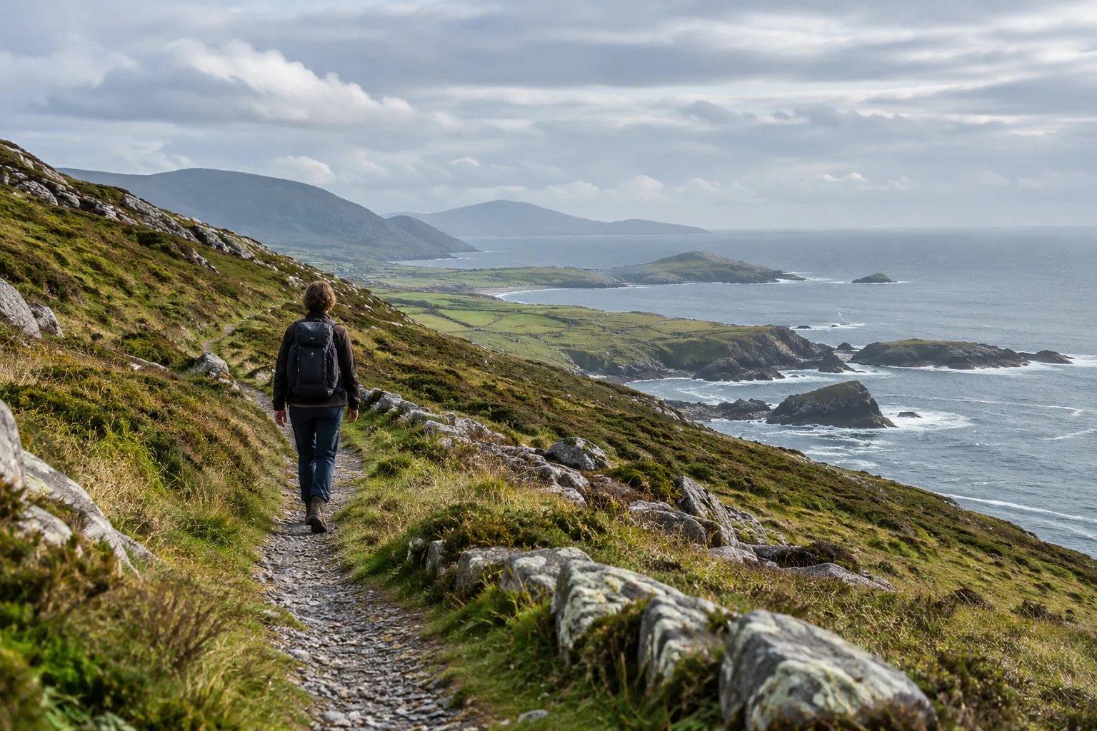 A person walking along a rugged coastal trail above the ocean.
