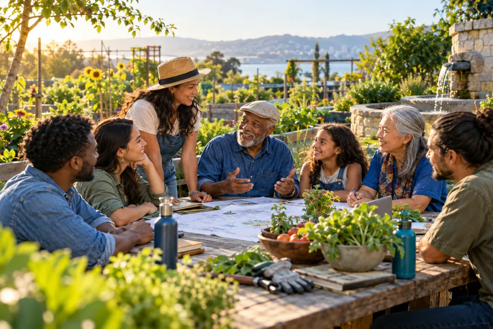 Conceptual image of people sharing ideas around a table in a flourishing community garden.
