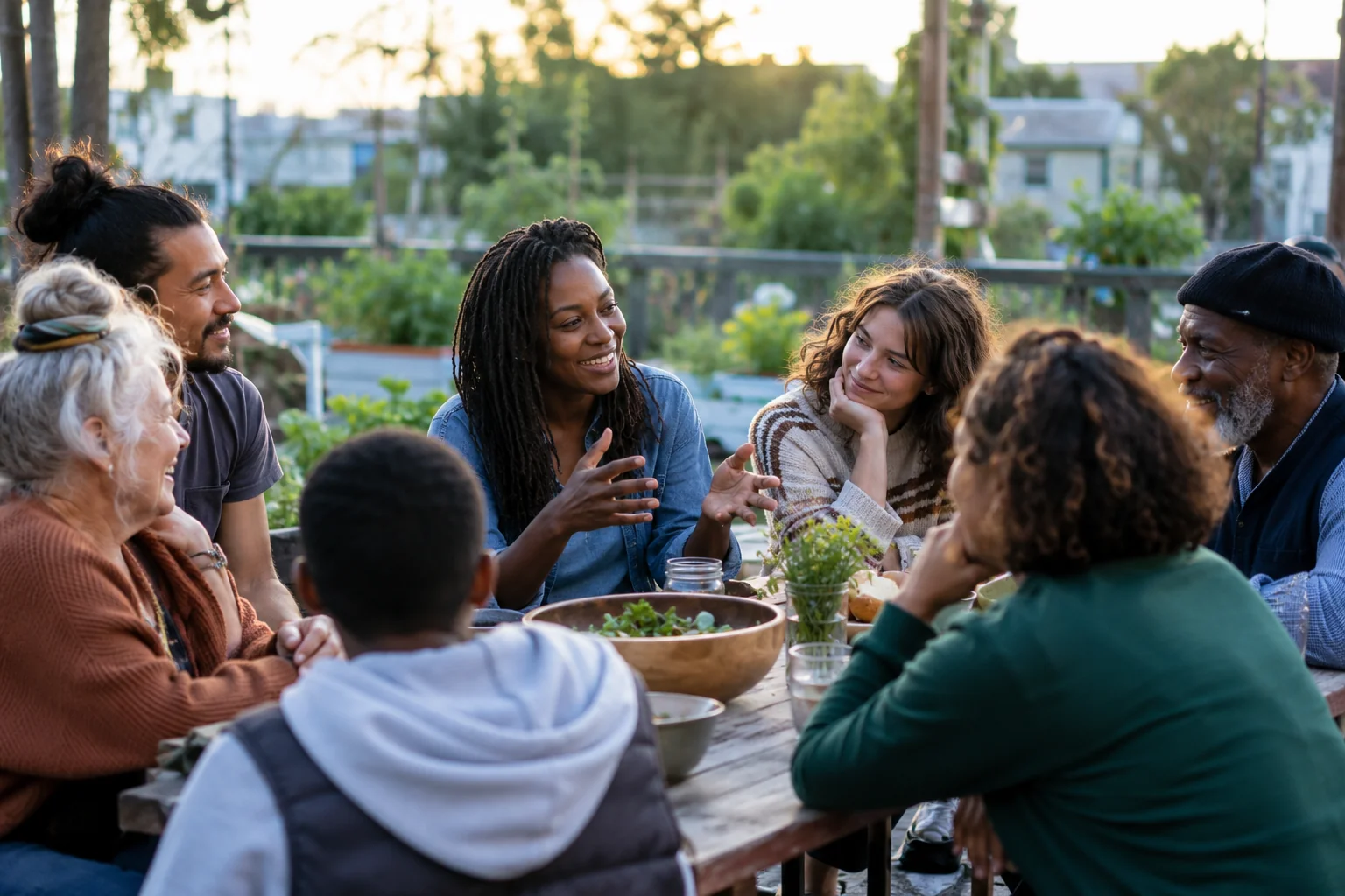 People sharing a conversation around a table in a community garden.