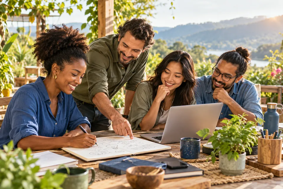Conceptual image of entrepreneurs learning and developing an idea with a mentor.