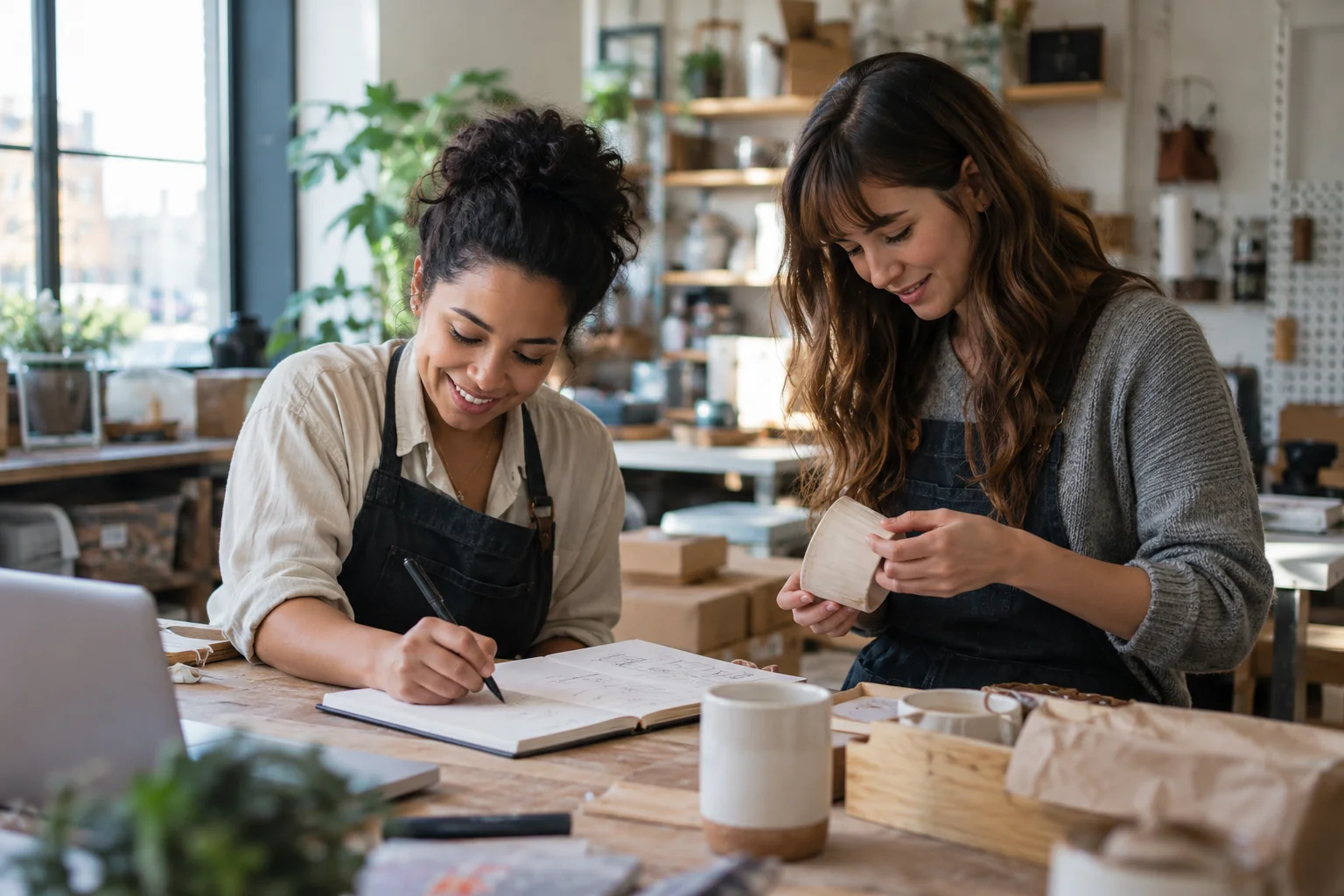 Two entrepreneurs planning a creative business together at a workbench.