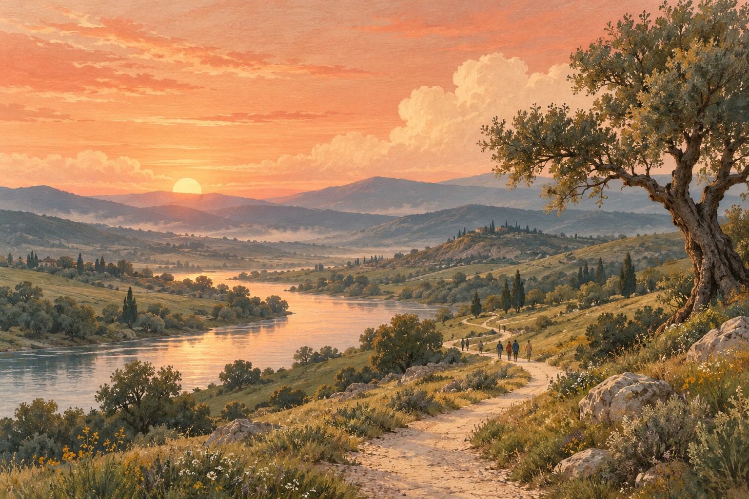 Illustrated path winding through a peaceful landscape, with people walking together