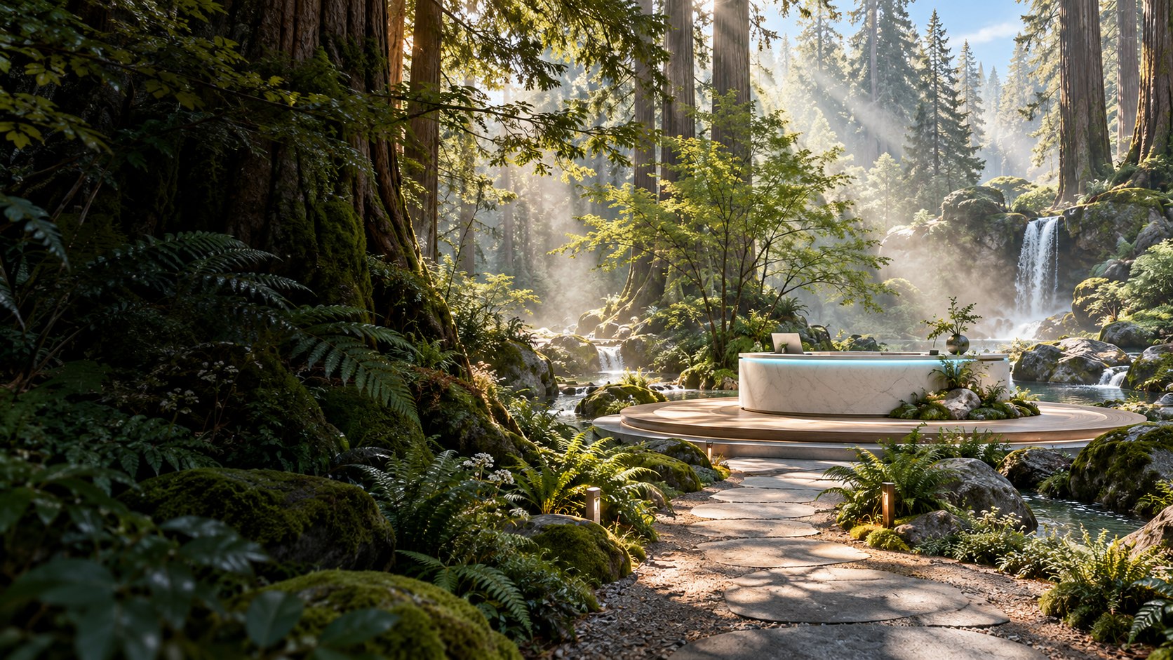 A forest welcome area with a circular futuristic desk