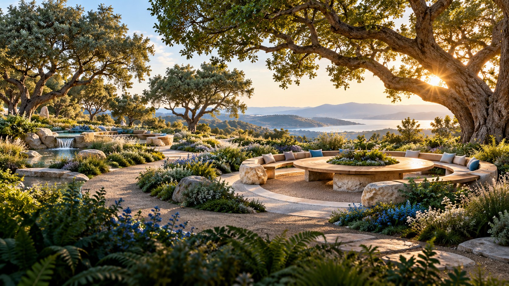 A circular community gathering space beneath living trees