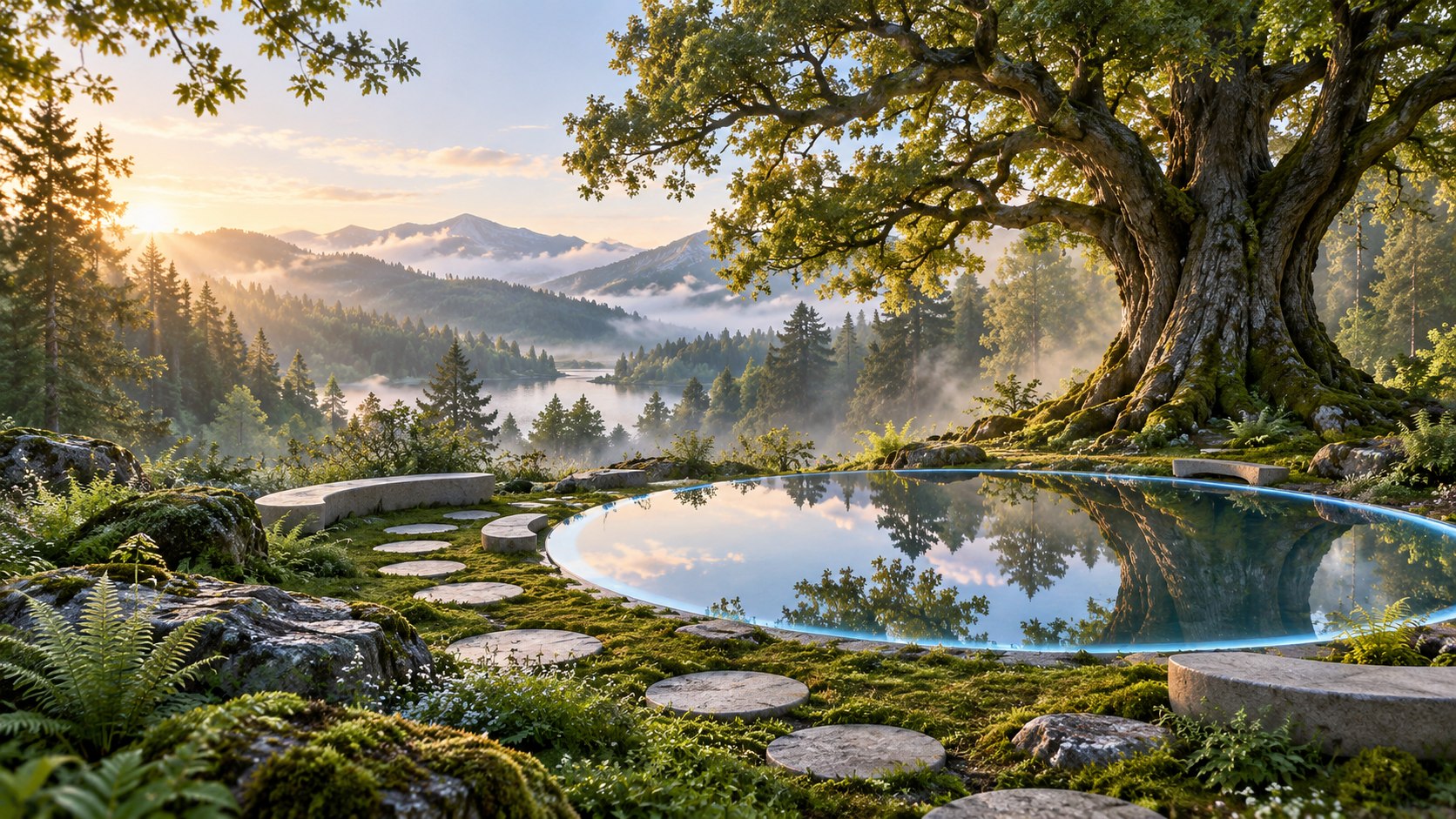 Conceptual outdoor philosophy setting integrated into nature