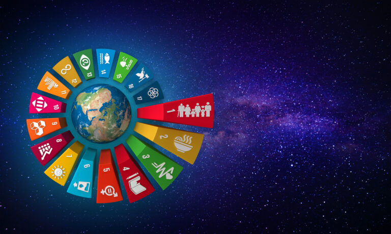 Colorful Sustainable Development Wheel over the earth on black background for Corporate social responsibility project. Concept to achieve Sustainable Development for a better world. 3D illustration